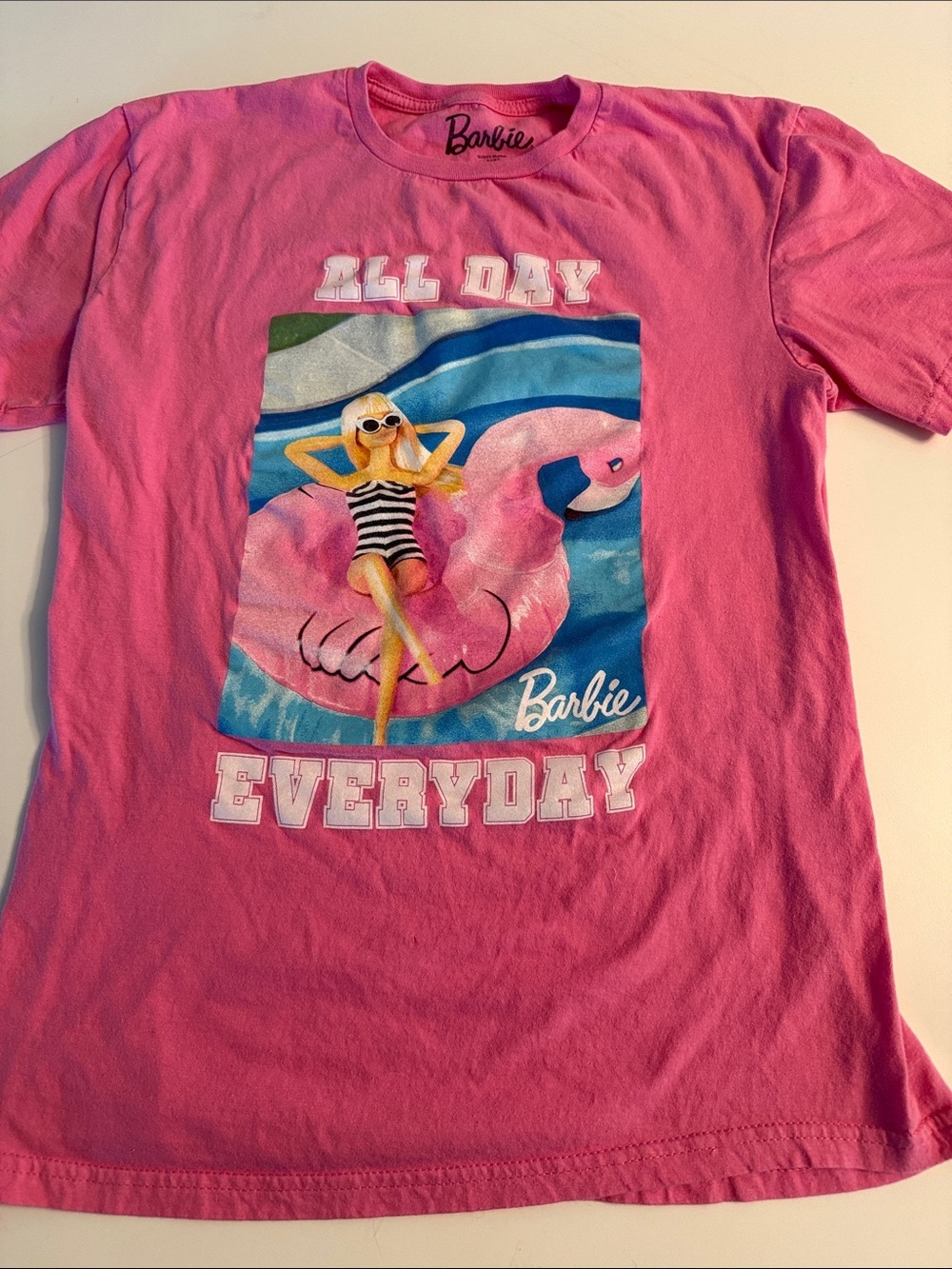 Barbie Official Pink Graphic Tee "All Day Everyday" Flamingo Pool Float Size M